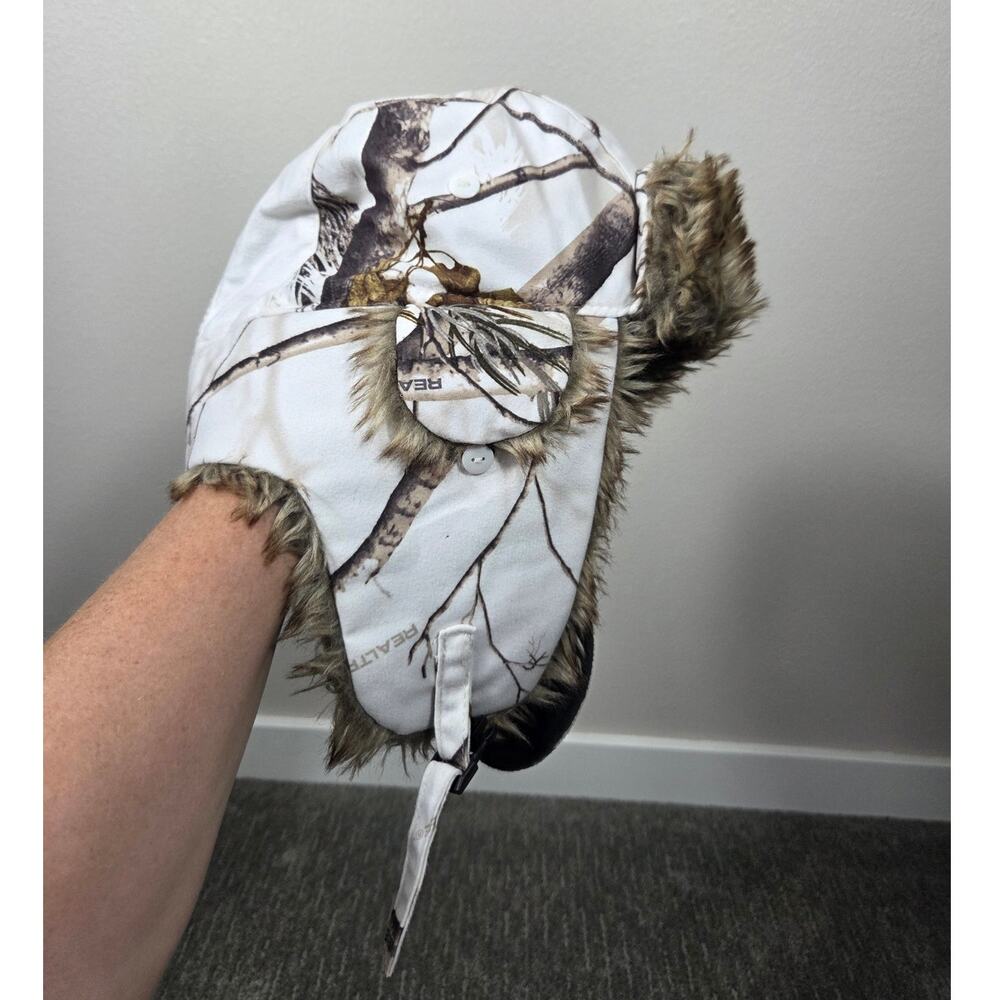 Realtree Hot Shot White Camo Trapper Hat Faux Fur with Removable Face Cover OS